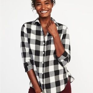 Old Navy Classic Plaid Flannel Button Down Shirt Black White Womens Sz Medium